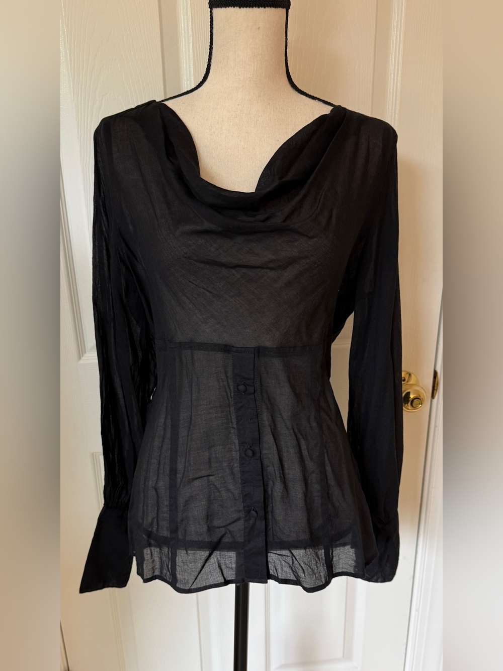 St-Martins 🇩🇰 Denmark VTG Y2K Black Georgia Sheer Cotton Blouse XL Button Sleeve